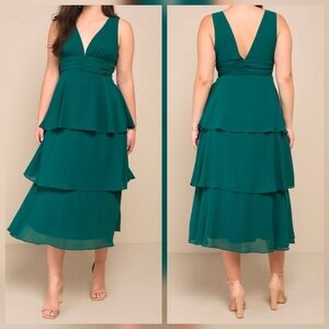 Lulus Celebration Time Emerald Green Sleeveless Tiered Midi Dress, Size Large